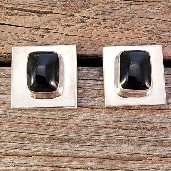 Vintage Sterling Onyx Square Post Earrings - Picture 1 of 6